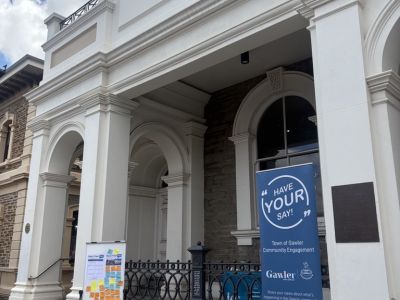 Front of Civic Centre with table and banner set up for community drop in session